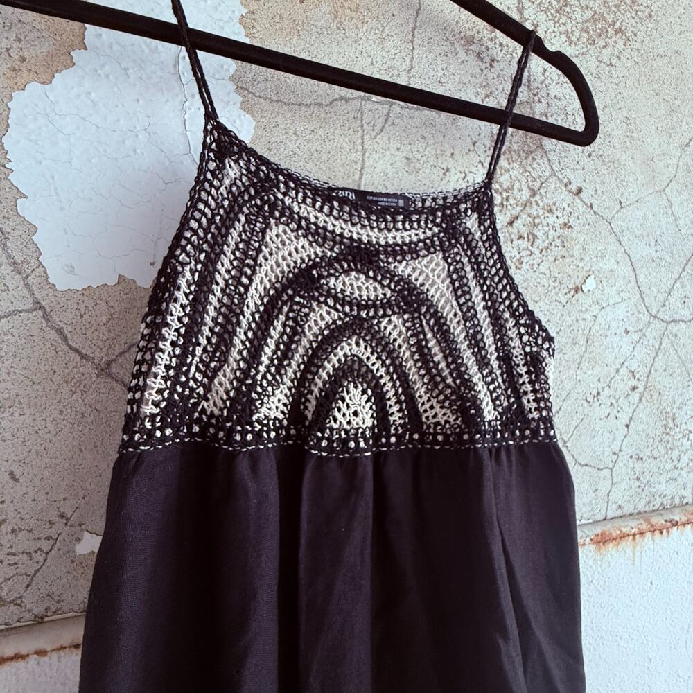 Zara Crochet Bodice Cotton Blend Mini Dress Cream Black Indie Coquette XS - Picture 4 of 9